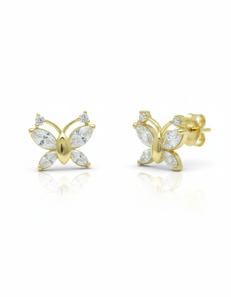 14K Solid Yellow Gold Dainty Women's CZ Butterfly Push Back Stud Earrings - Gold Gifts for Girls Teens Women