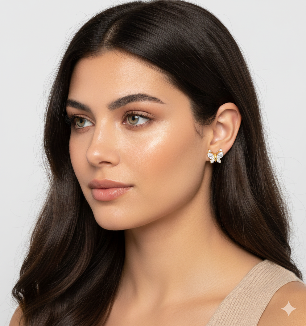 14K Solid Yellow Gold Dainty Women's CZ Butterfly Push Back Stud Earrings - Gold Gifts for Girls Teens Women