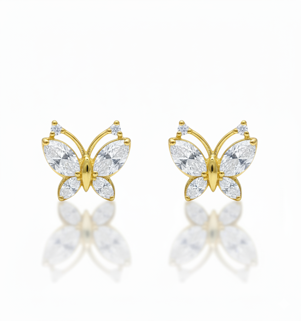 14K Solid Yellow Gold Dainty Women's CZ Butterfly Push Back Stud Earrings - Gold Gifts for Girls Teens Women