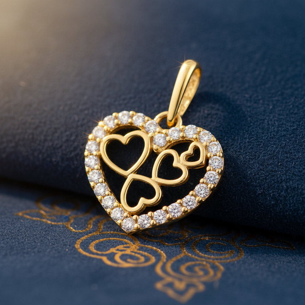 Solid 14K Yellow Gold Quintuple CZ Heart Pendant for Women and Teens