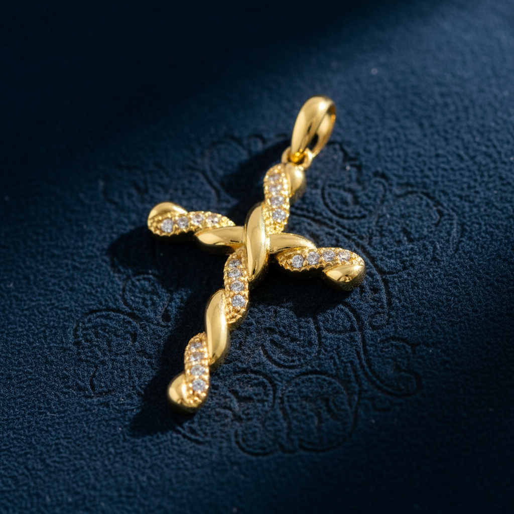 Solid 14K Yellow Gold Twist Cross CZ Pendant for Women and Teens