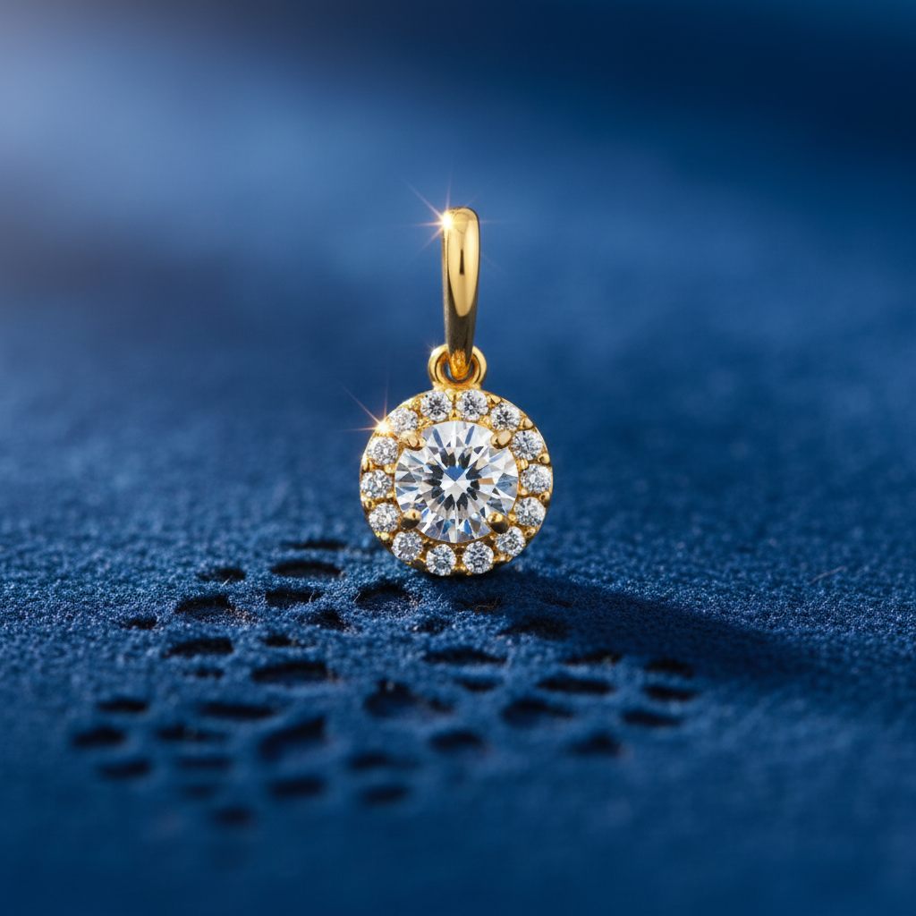 Solid 14K Yellow Gold Round Halo CZ Pendant for Women and Teens