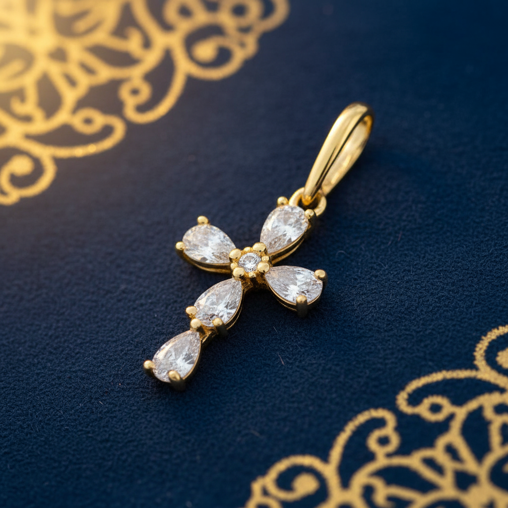 Solid 14K Yellow Gold Cross CZ Pendant for Women and Teens