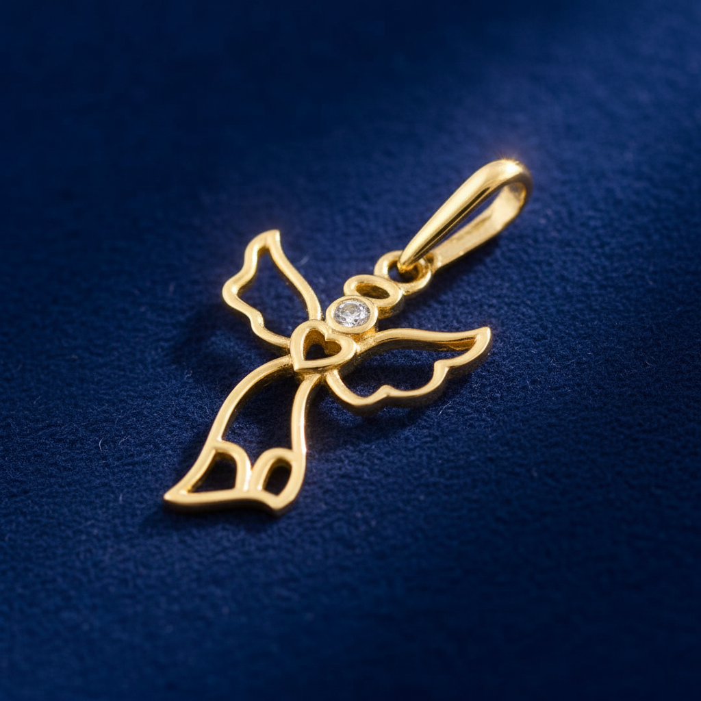 Solid 14K Yellow Gold Sweet Angel CZ Pendant for Women and Teens