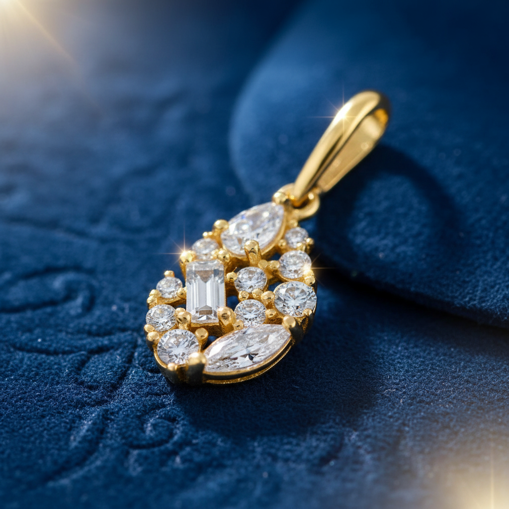 Solid 14K Yellow Gold Oval Cluster CZ Pendant for Women and Teens
