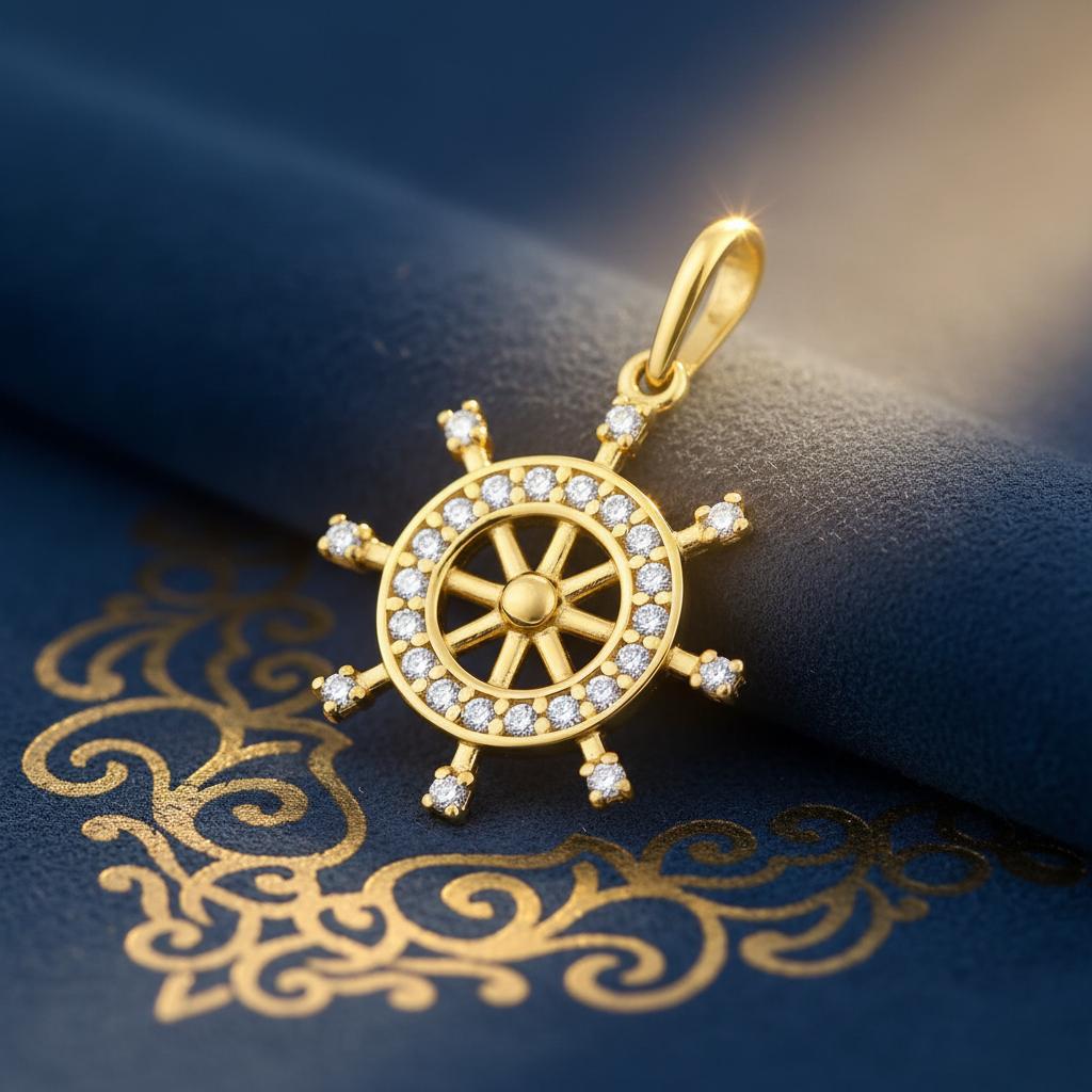 Solid 14K Yellow Gold Ship's Wheel CZ Pendant for Women and Teens