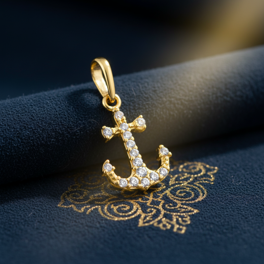 Solid 14K Yellow Gold Anchor CZ Pendant for Women and Teens