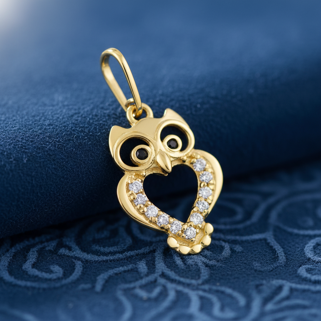 Solid 14K Yellow Gold Owl Black CZ Pendant for Women and Teens