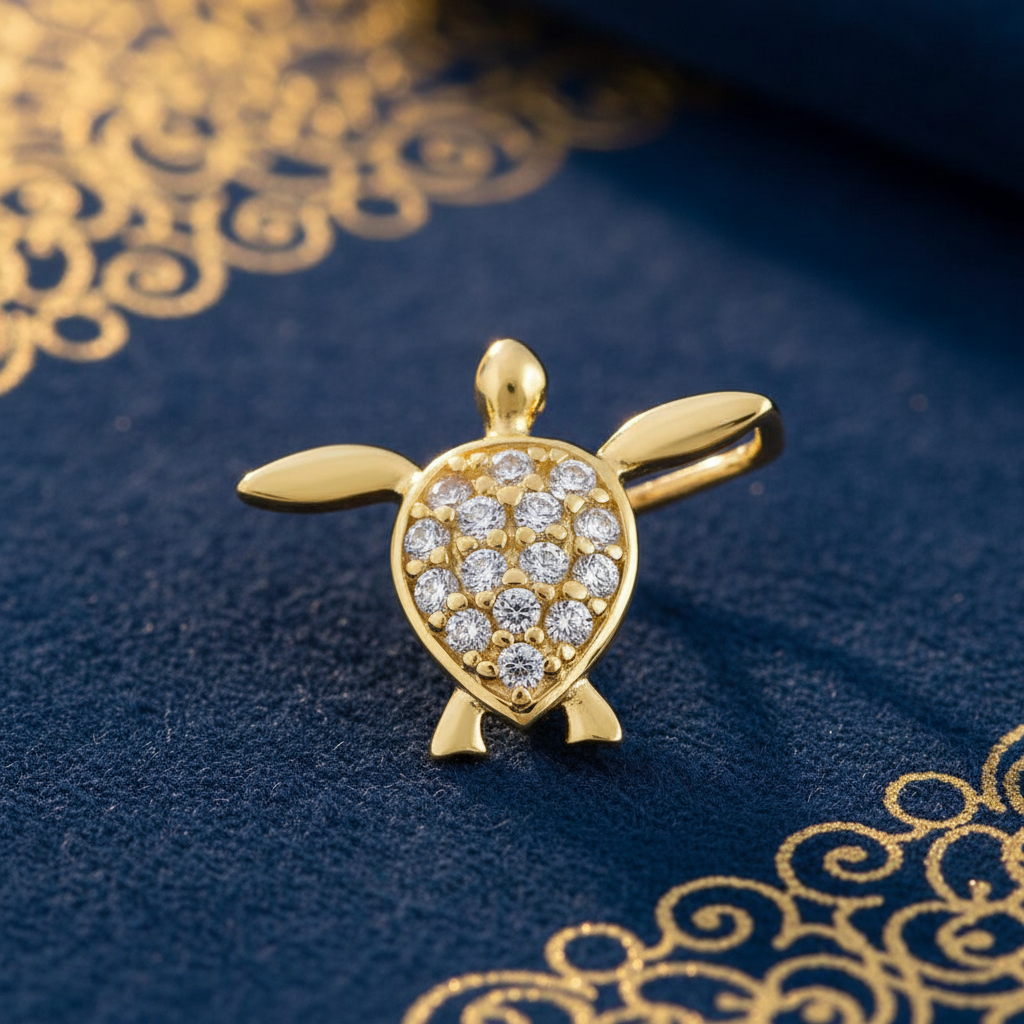 Solid 14K Yellow Gold Sea Turtle CZ Pendant for Women and Teens