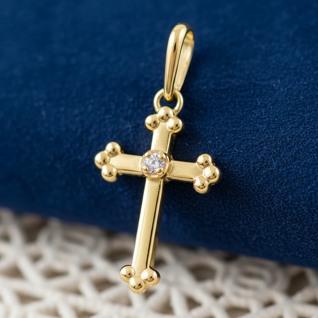 Solid 14K Yellow Gold Vintage Cross CZ Pendant for Women and Teens