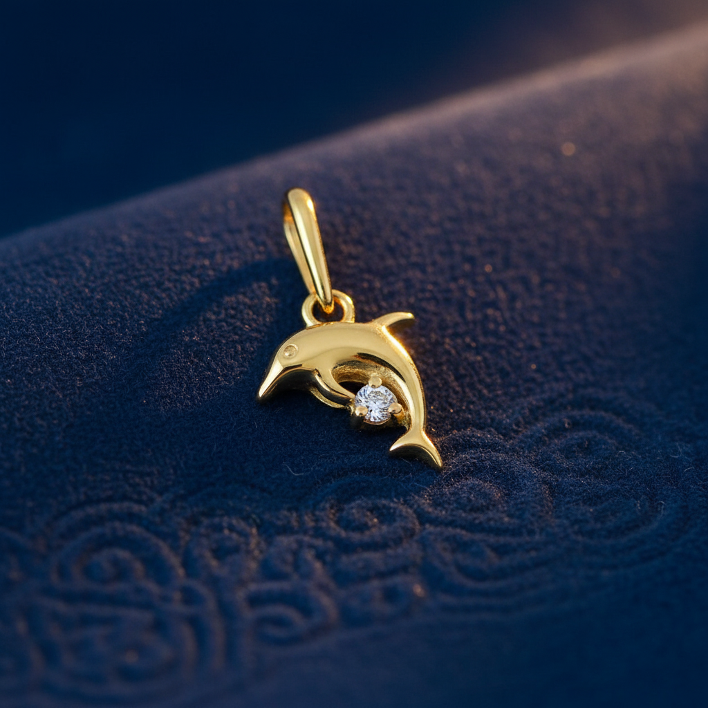 Solid 14K Yellow Gold Leaping Dolphin CZ Pendant for Women and Teens