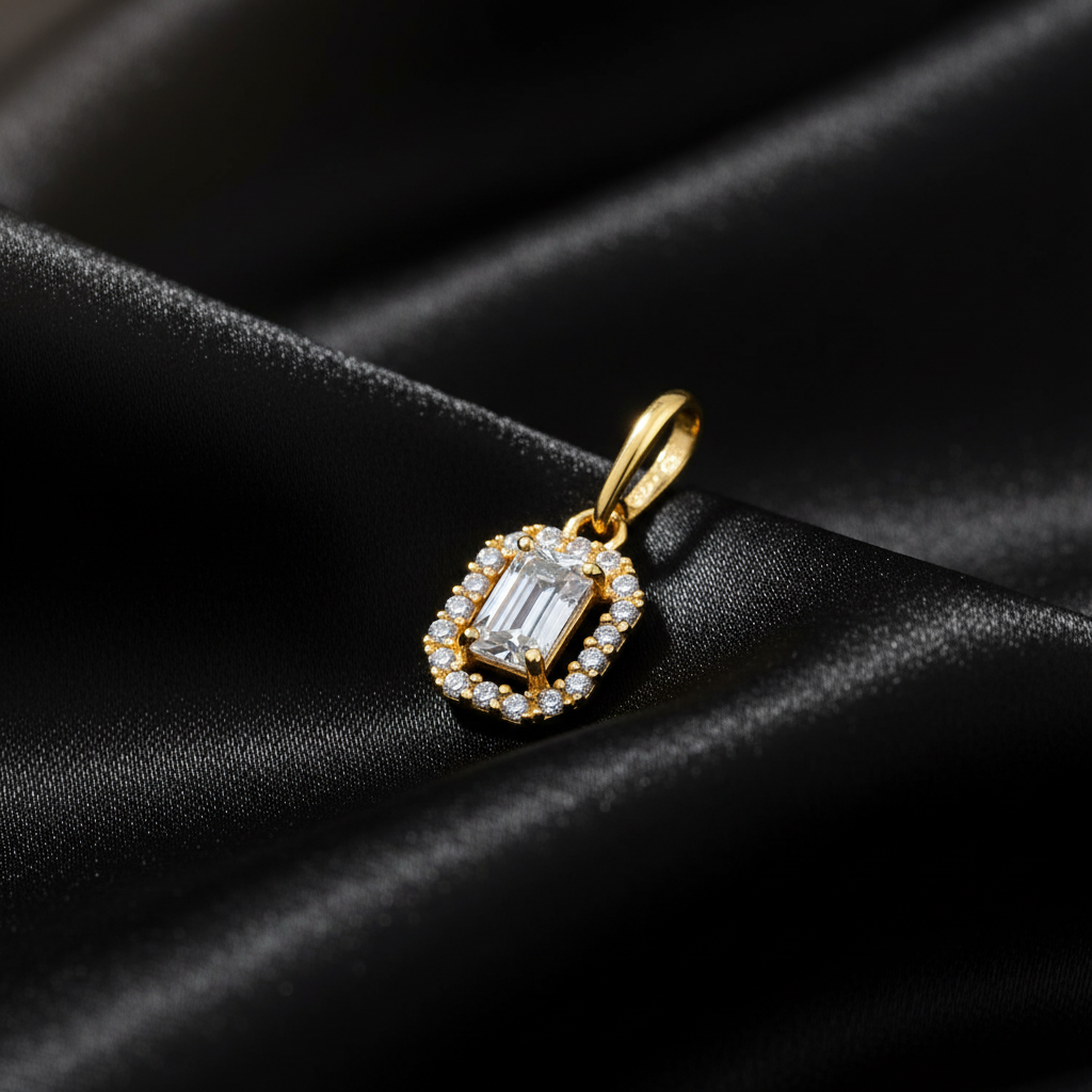 Solid 14K Yellow Gold Small Emerald Cut CZ Pendant for Women and Teens