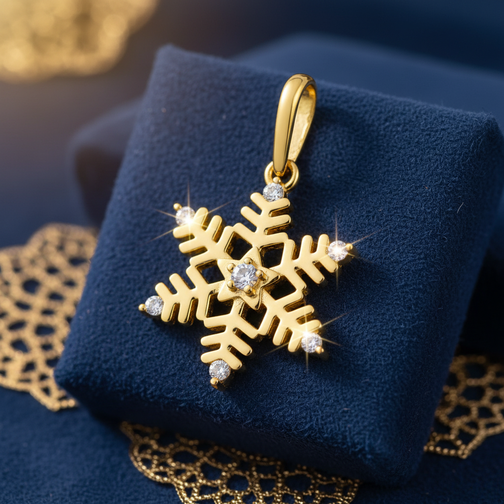 Solid 14K Yellow Gold Snowflake CZ Pendant for Women and Teens