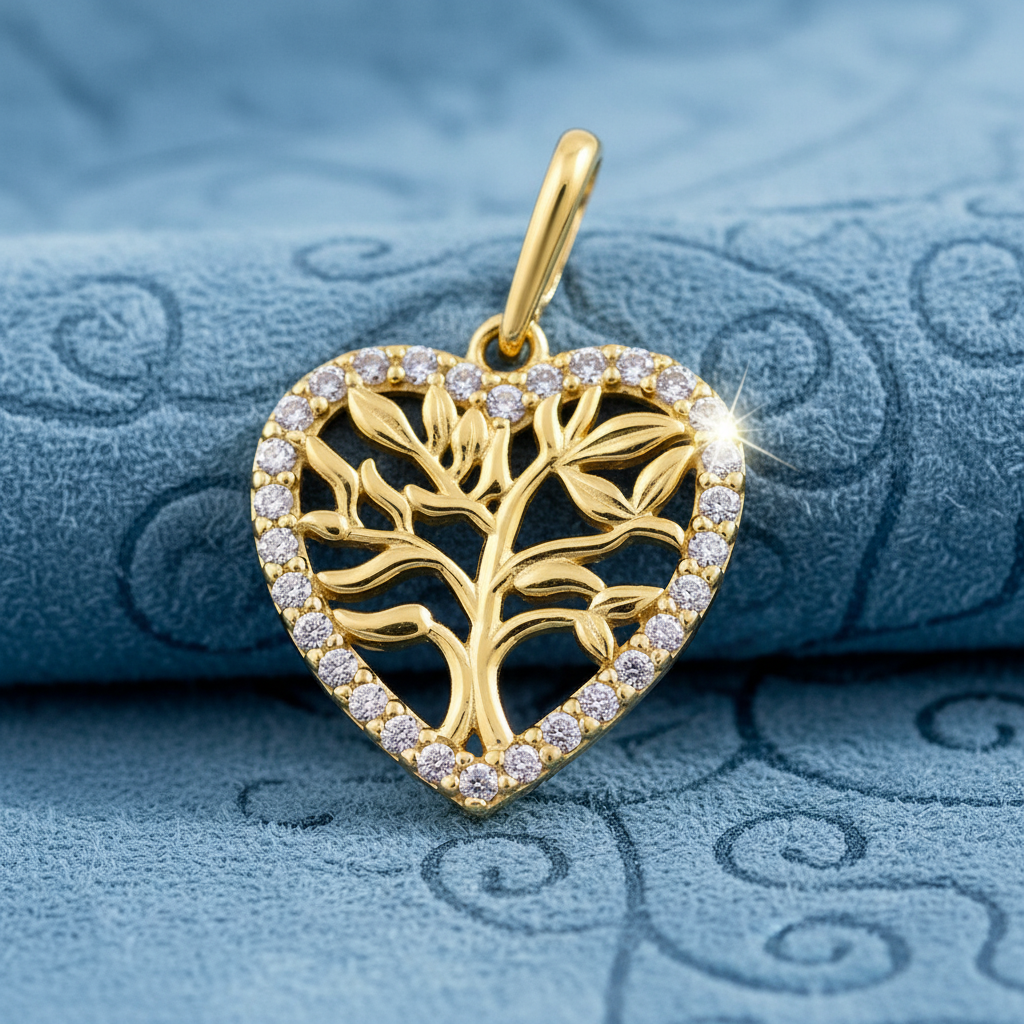 Solid 14K Yellow Gold Heart Tree of Life CZ Pendant for Women and Teens