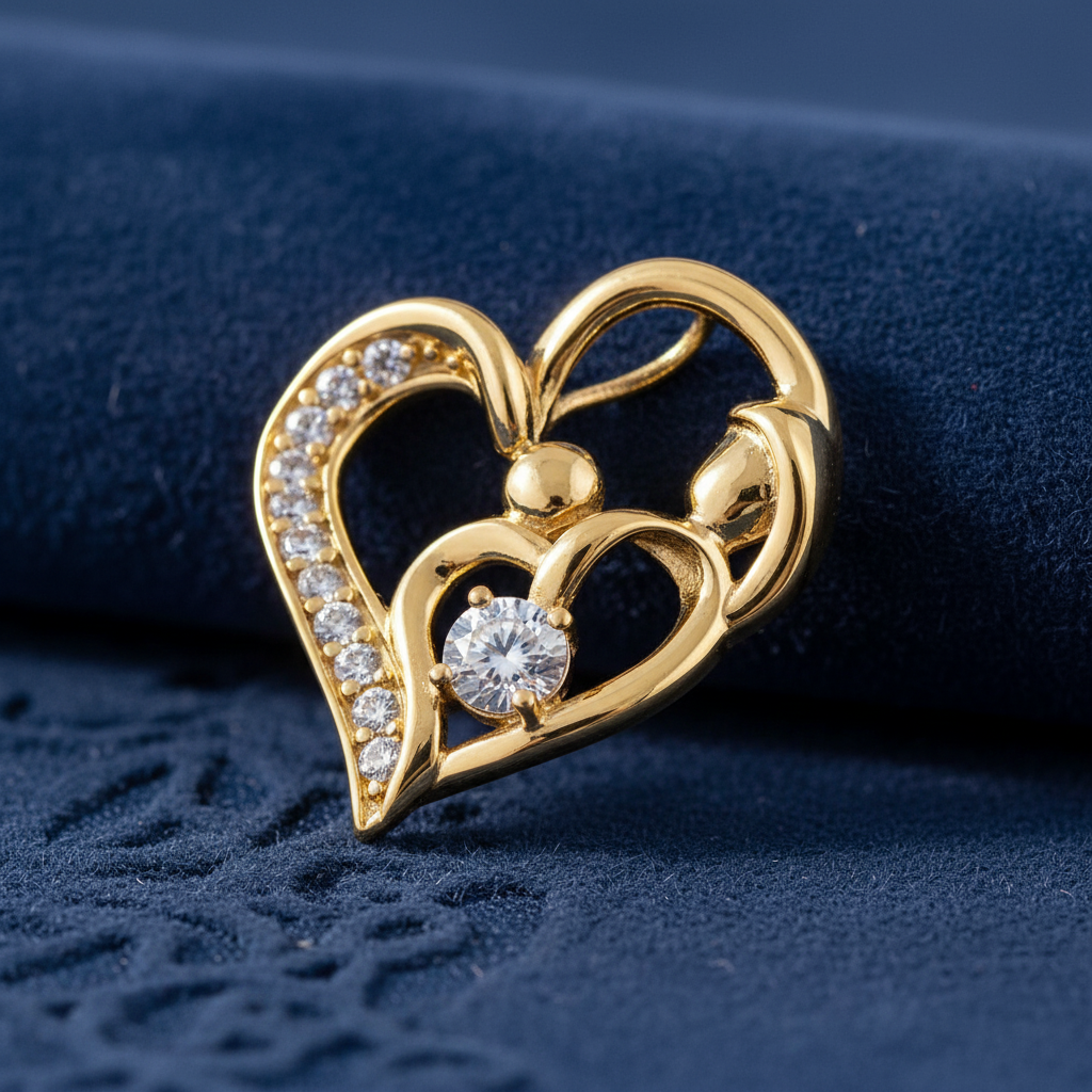Solid 14K Yellow Gold Mother and Child Heart CZ Pendant for Women and Teens