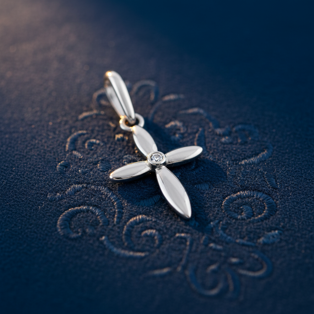 Solid 14K White Gold Cross CZ Pendant for Women and Teens