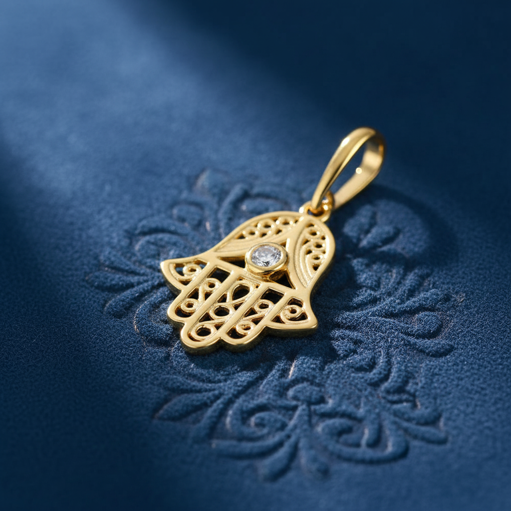 Solid 14K Yellow Gold Hamsa CZ Pendant for Women and Teens