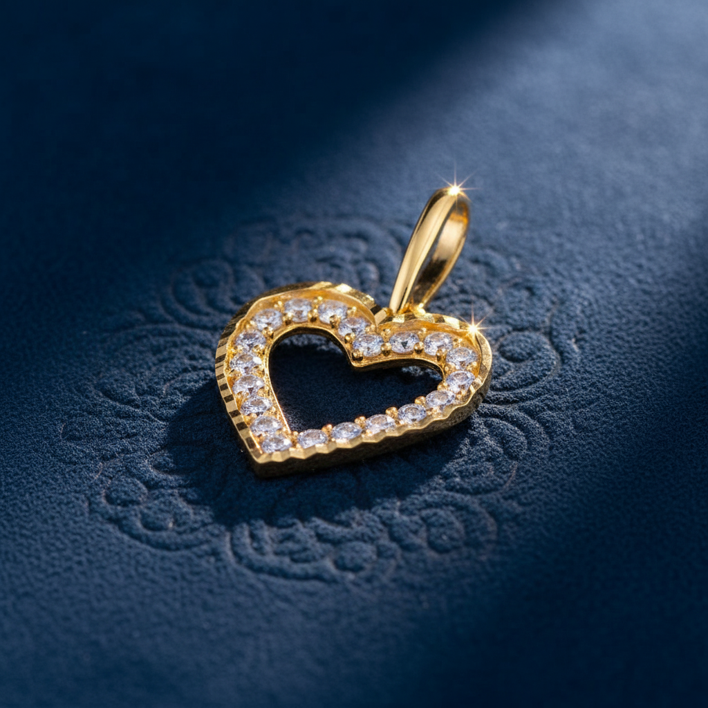 Solid 14K Yellow Gold Outline Heart CZ Pendant for Women and Teens