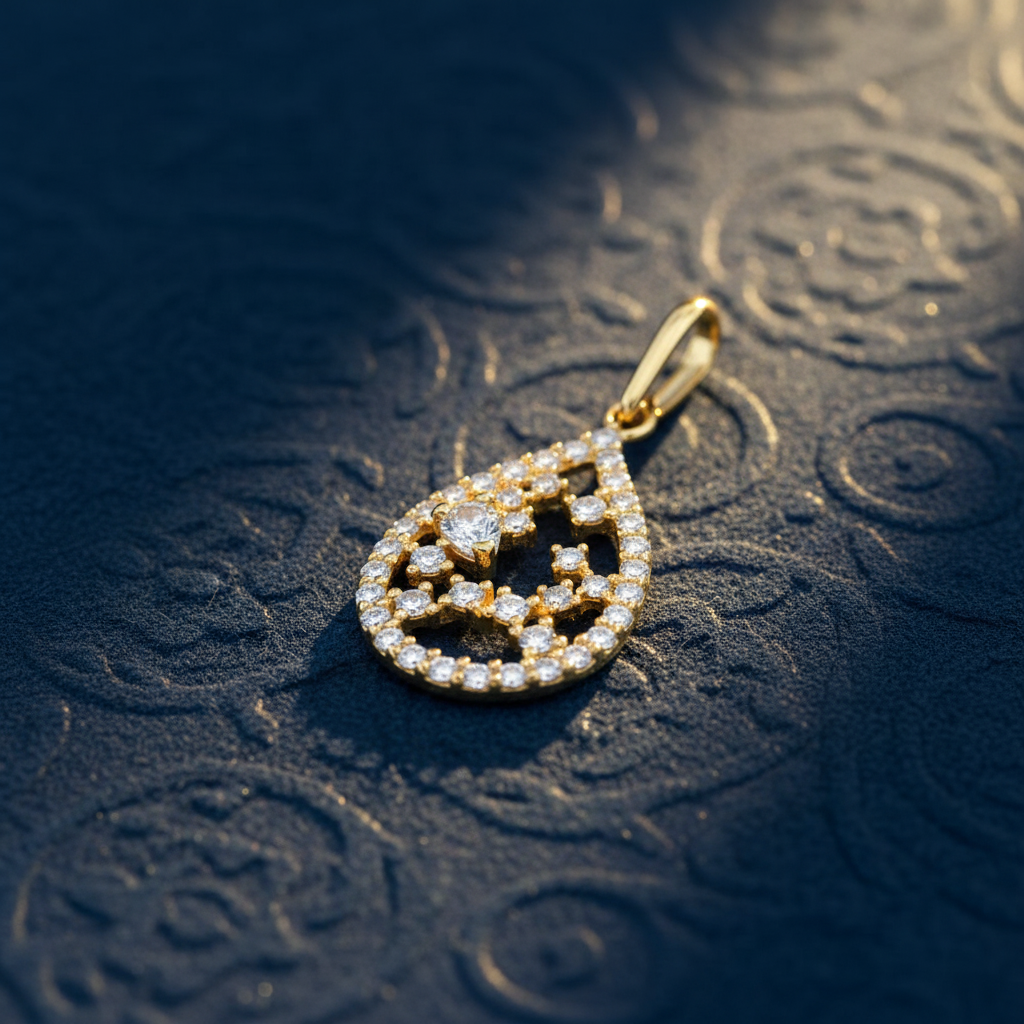 Solid 14K Yellow Gold Floral Pattern Drop Shaped CZ Pendant for Women and Teens