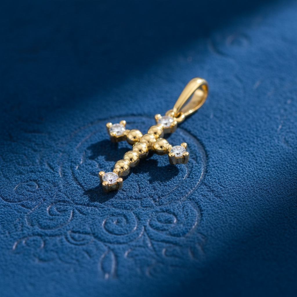 Solid 14K Yellow Gold Cross CZ Pendant for Women and Teens