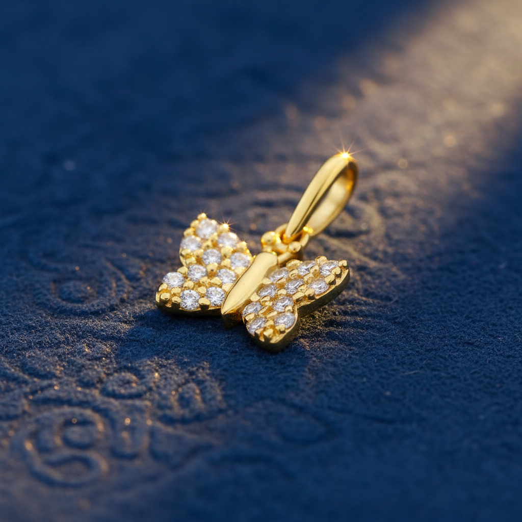 Solid 14K Yellow Gold Wild Butterfly CZ Pendant for Women and Teens