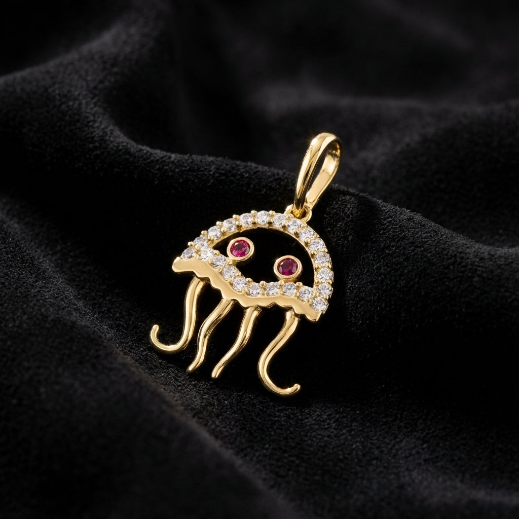 Solid 14k Gold Jellyfish CZ Pendant for Women and Teens