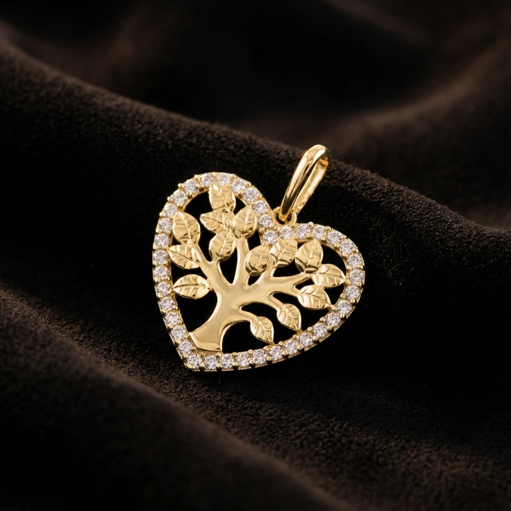 Solid 14k Gold Tree of Life in Heart CZ Pendant for Women and Teens