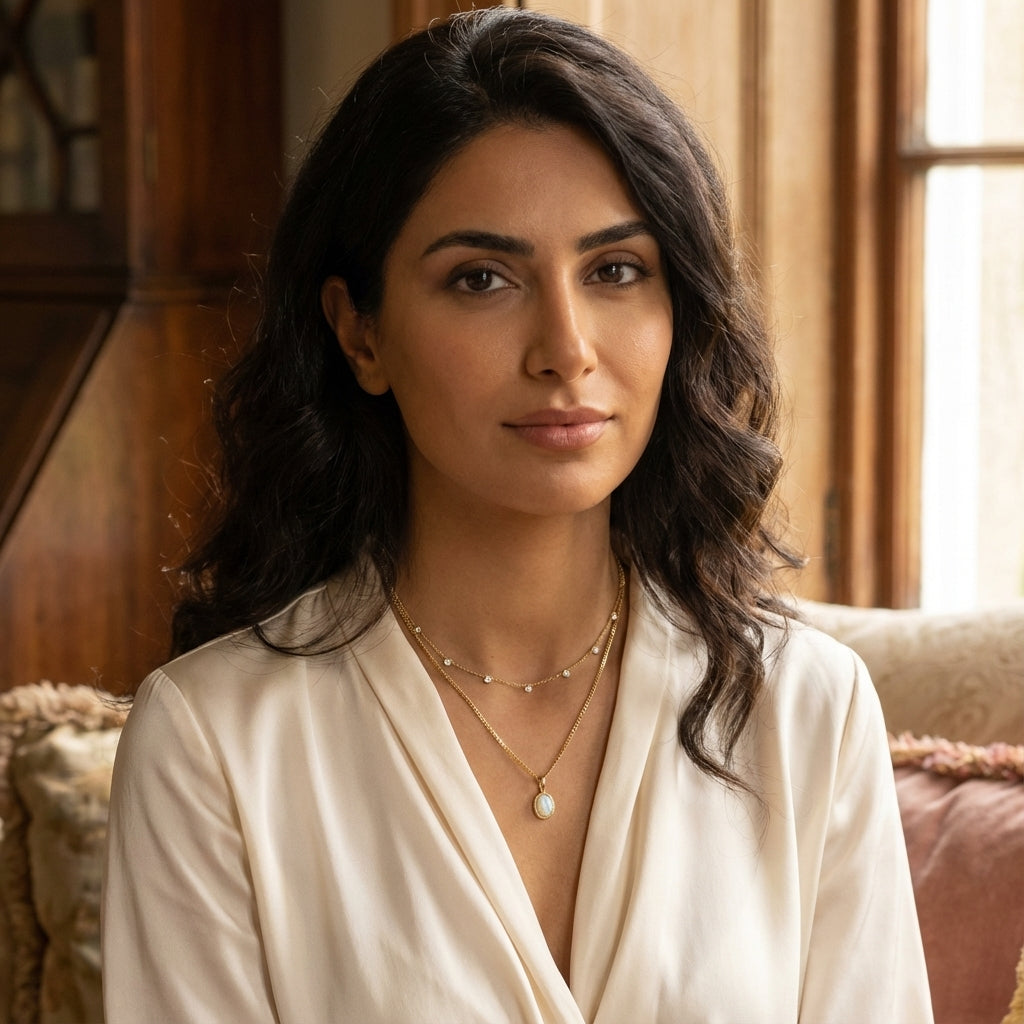 Woman wearing a white blouse and layered necklaces in a warm-toned room.