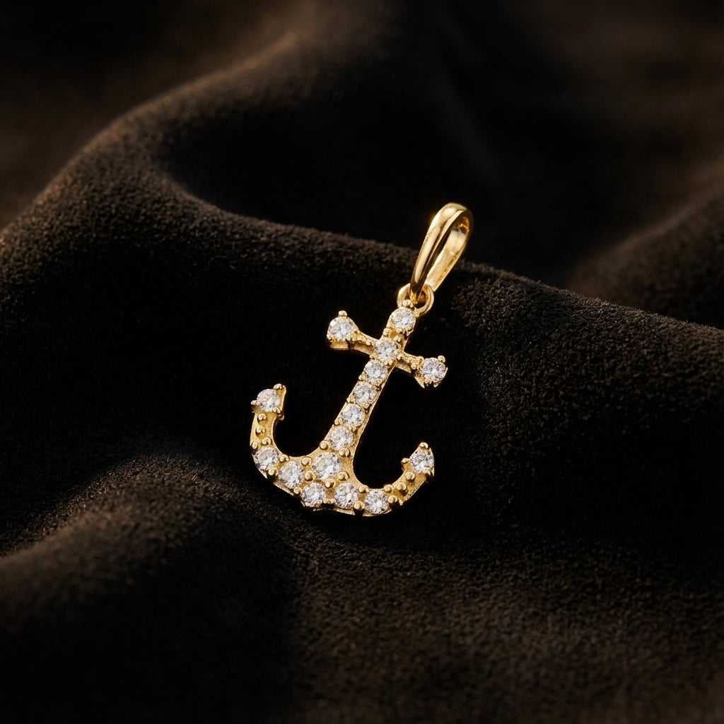 Solid 14k Gold Anchor CZ Pendant for Women and Teens