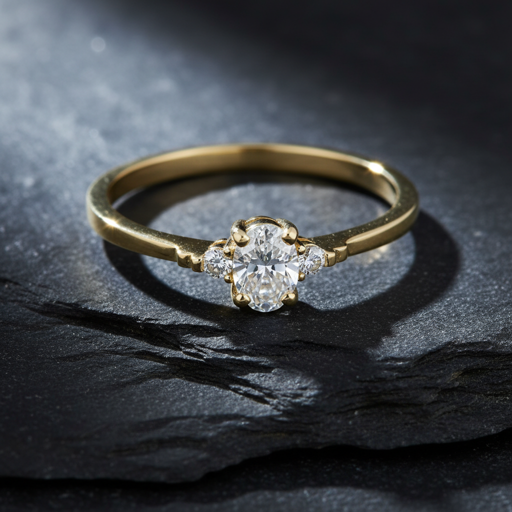 Vinali 14K Solid Yellow Gold Oval CZ Three Stone Engagement Ring for Women worn and styled
