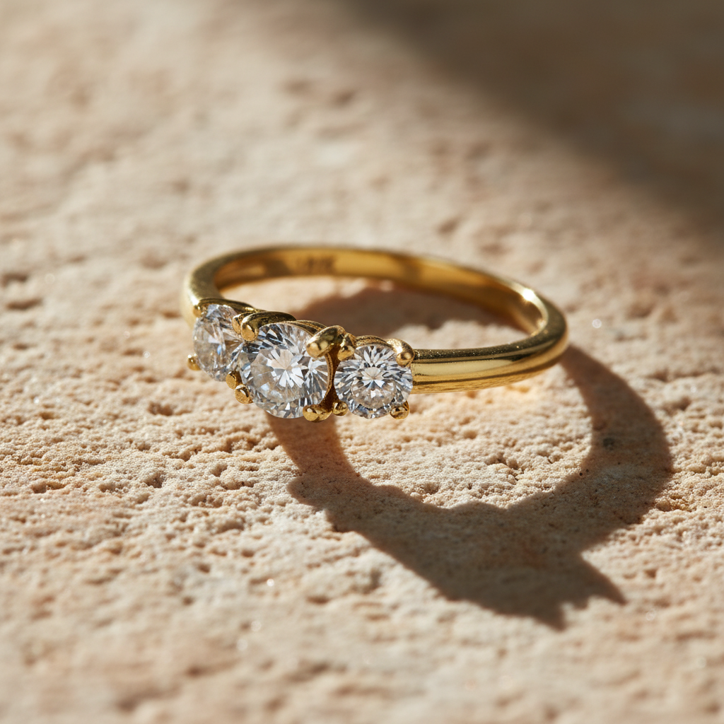 Vinali 14K Solid Yellow Gold 4.5mm Three Stone Round CZ Engagement Ring worn and styled