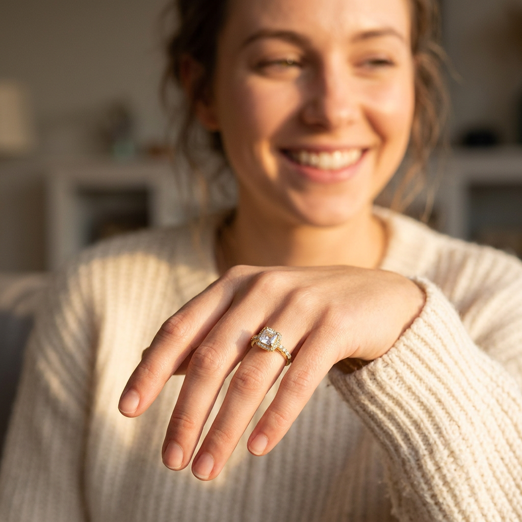 Vinali 14K Solid Yellow Gold Princess Cut CZ Halo Engagement Ring for Women worn and styled