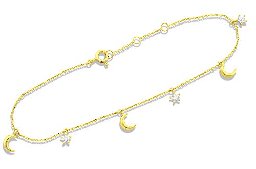 Sold 14K Yellow Gold CZ Small Moon & Star Charm Bracelet - 8in