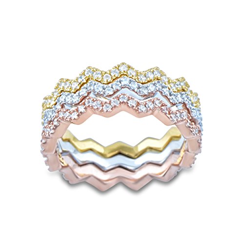 3 Piece Sterling Silver Tri Color Zig Zag Eternity Ring - Size 5