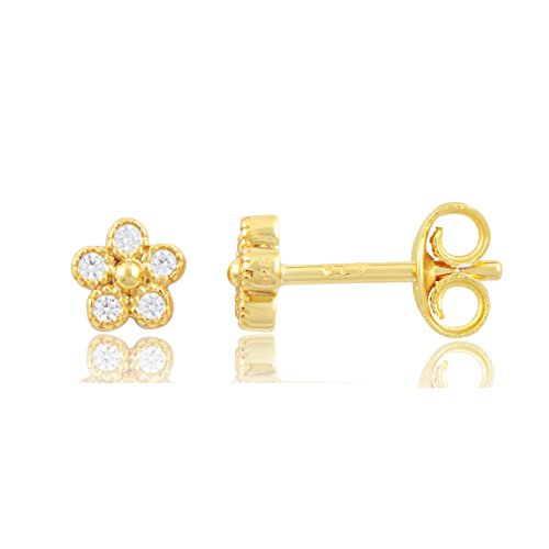 Gold Tone Sterling Silver Cz Tiny Flower Stud Earrings