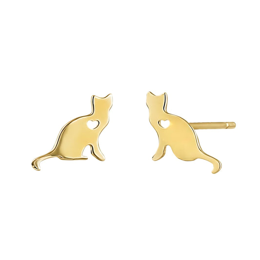 Vinali 14K Solid Yellow Gold Cat Heart Stud Earrings for Women