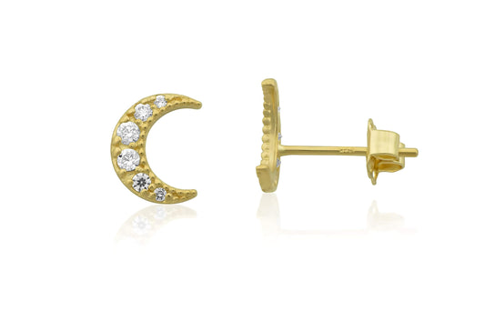 Vinali 14K Solid Yellow Gold CZ Crescent Moon Stud Earrings for Women