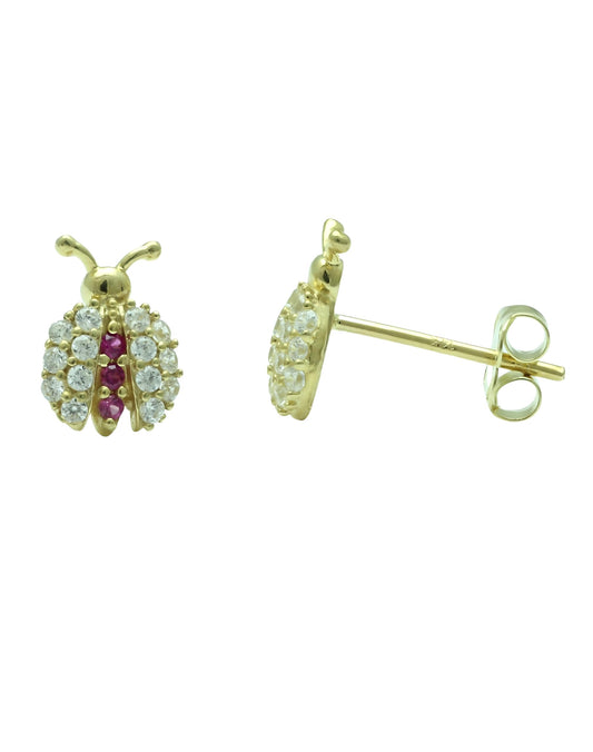 Vinali 14K Solid Yellow Gold Red CZ Ladybug Stud Earrings for Women