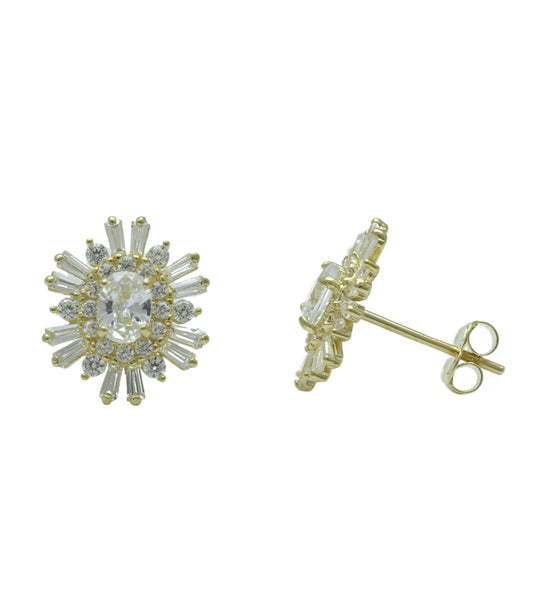 Vinali 14K Solid Yellow Gold Oval CZ Sunburst Stud Earrings for Women
