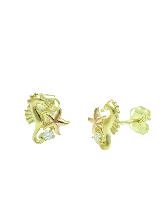 Vinali 14K Solid Two Tone Gold CZ Seahorse and Starfish Stud Earrings