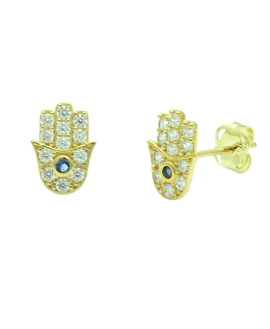 Vinali 14K Solid Yellow Gold Blue and White CZ Hamsa Stud Earrings