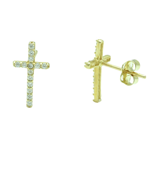 Vinali 14K Solid Yellow Gold CZ Cross Stud Earrings for Women