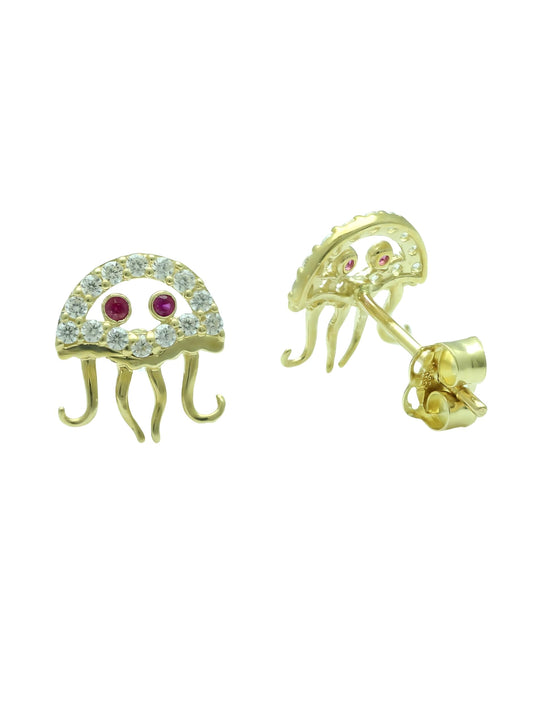 Vinali 14K Solid Yellow Gold CZ Jellyfish Stud Earrings for Women