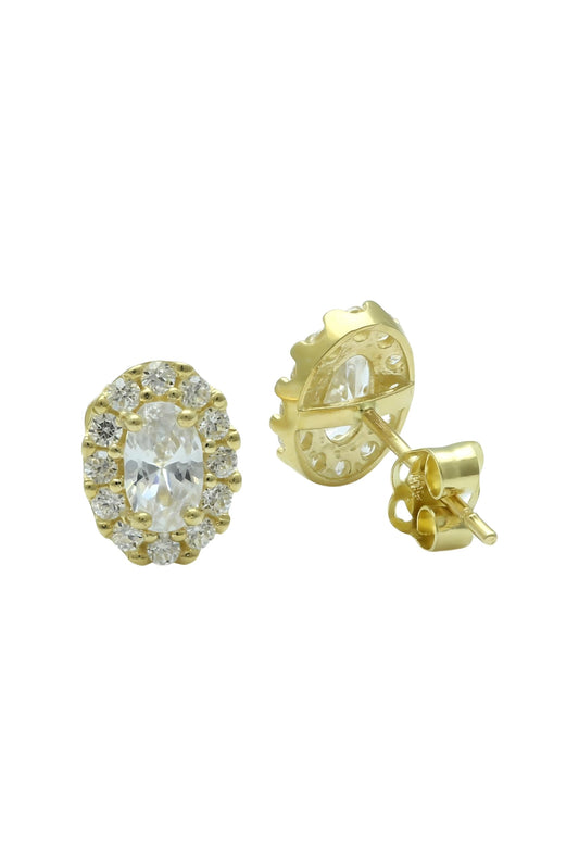 Vinali 14K Solid Yellow Gold Oval CZ Halo Stud Earrings for Women