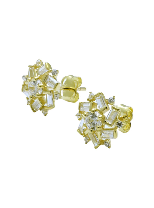 Vinali 14K Solid Yellow Gold Baguette CZ Snowflake Stud Earrings for Women