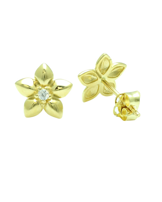 Vinali 14K Solid Yellow Gold CZ Five Petal Flower Stud Earrings for Women