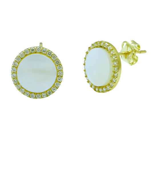 Vinali 14K Solid Yellow Gold Mother of Pearl CZ Halo Disc Stud Earrings