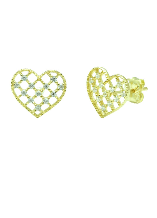Vinali 14K Solid Yellow Gold CZ Lattice Heart Stud Earrings for Women