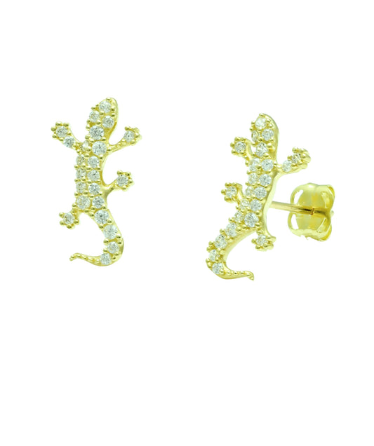 Vinali 14K Solid Yellow Gold CZ Lizard Gecko Stud Earrings for Women
