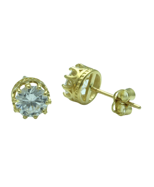 Vinali 14K Solid Yellow Gold Round CZ Crown Stud Earrings for Women